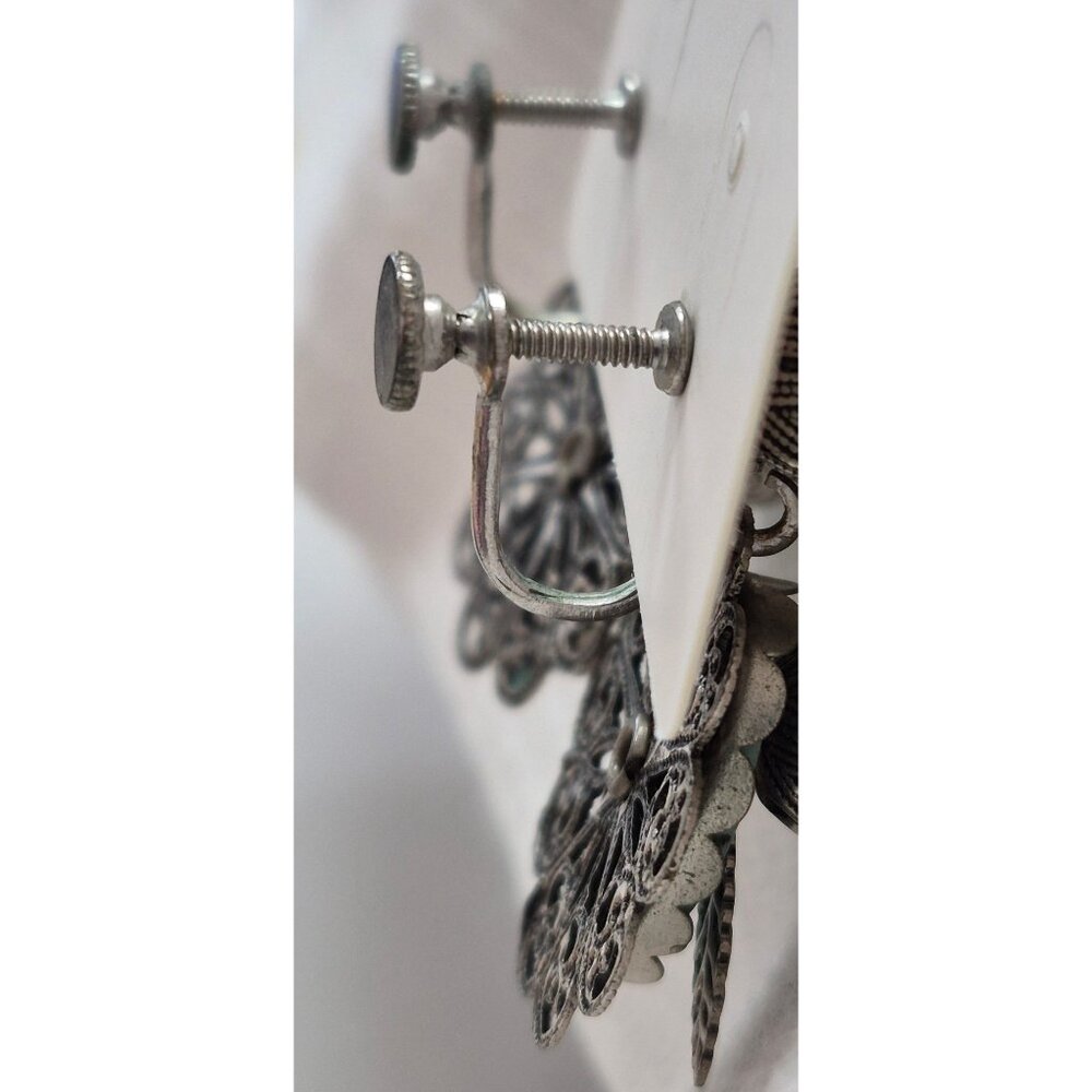 Vintage Screw Back Filigree Earrings Floral Turquoise Antique Silver Tone - Picture 5 of 8